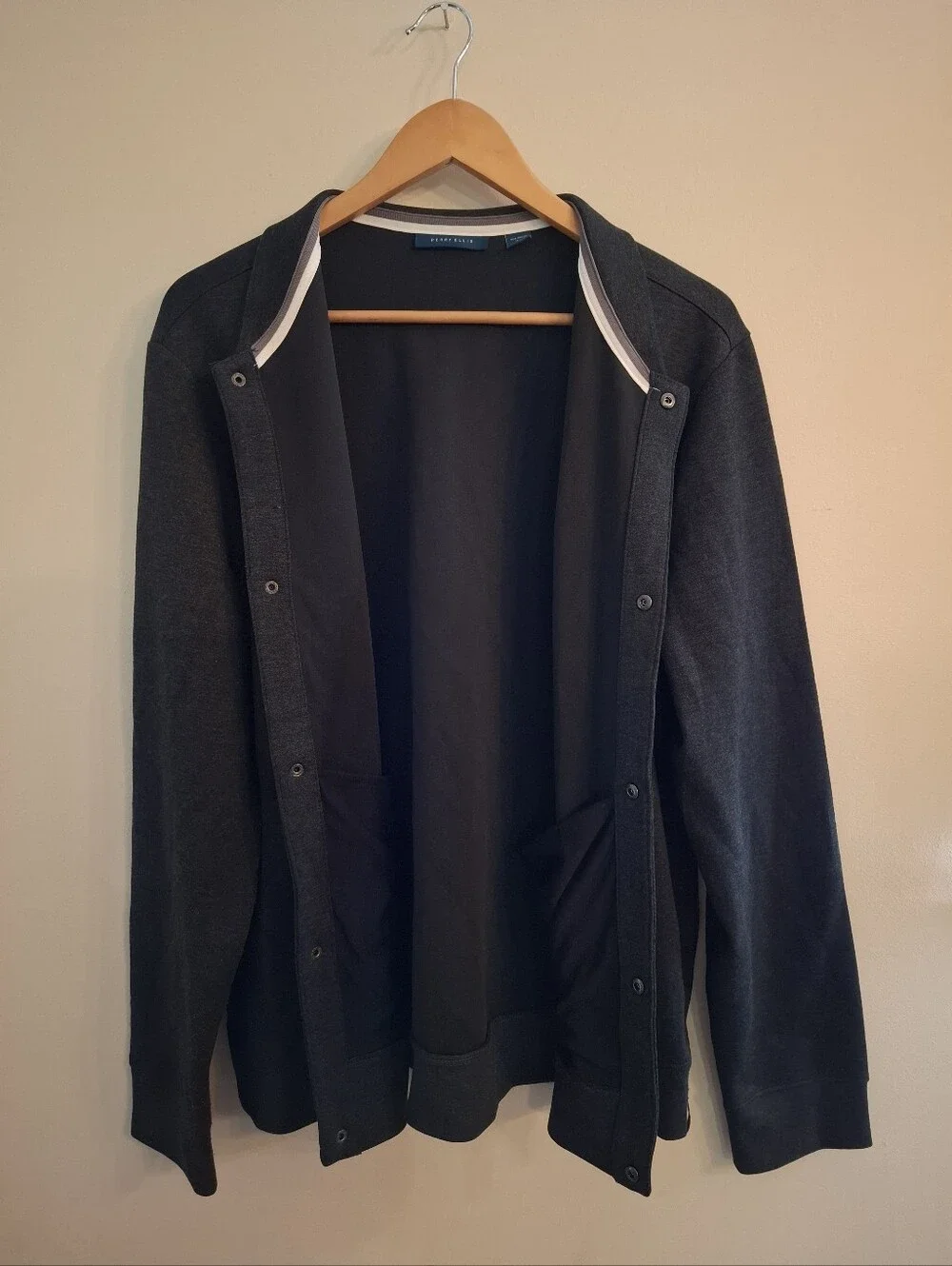 Charcoal Gray Snap Front Mock Neck Jacket Size L Fisherman Grandpa Minimalist LN